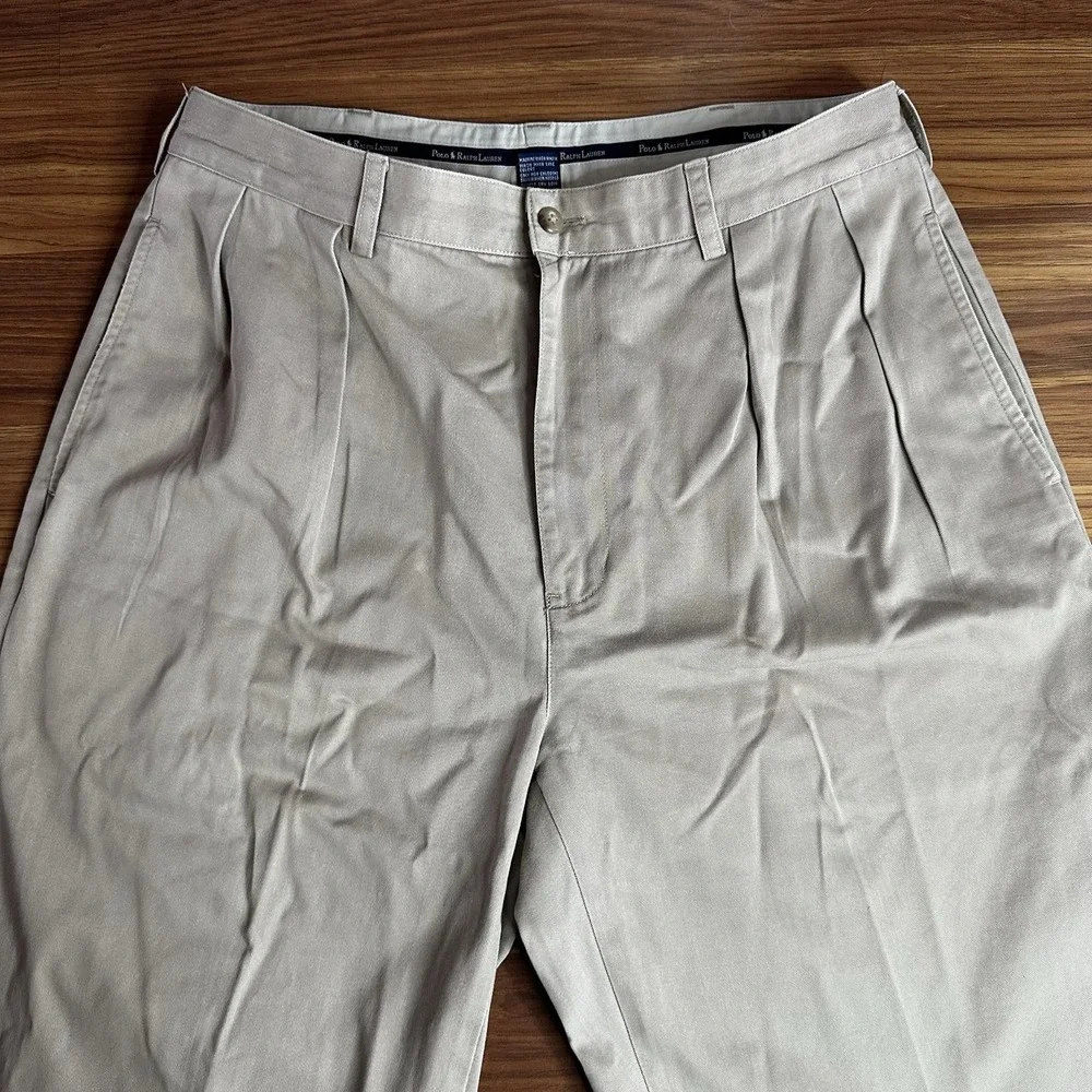 Vintage Polo Ralph Lauren Andrew Pants Mens 34x32 Khaki Chino Preppy Pleated